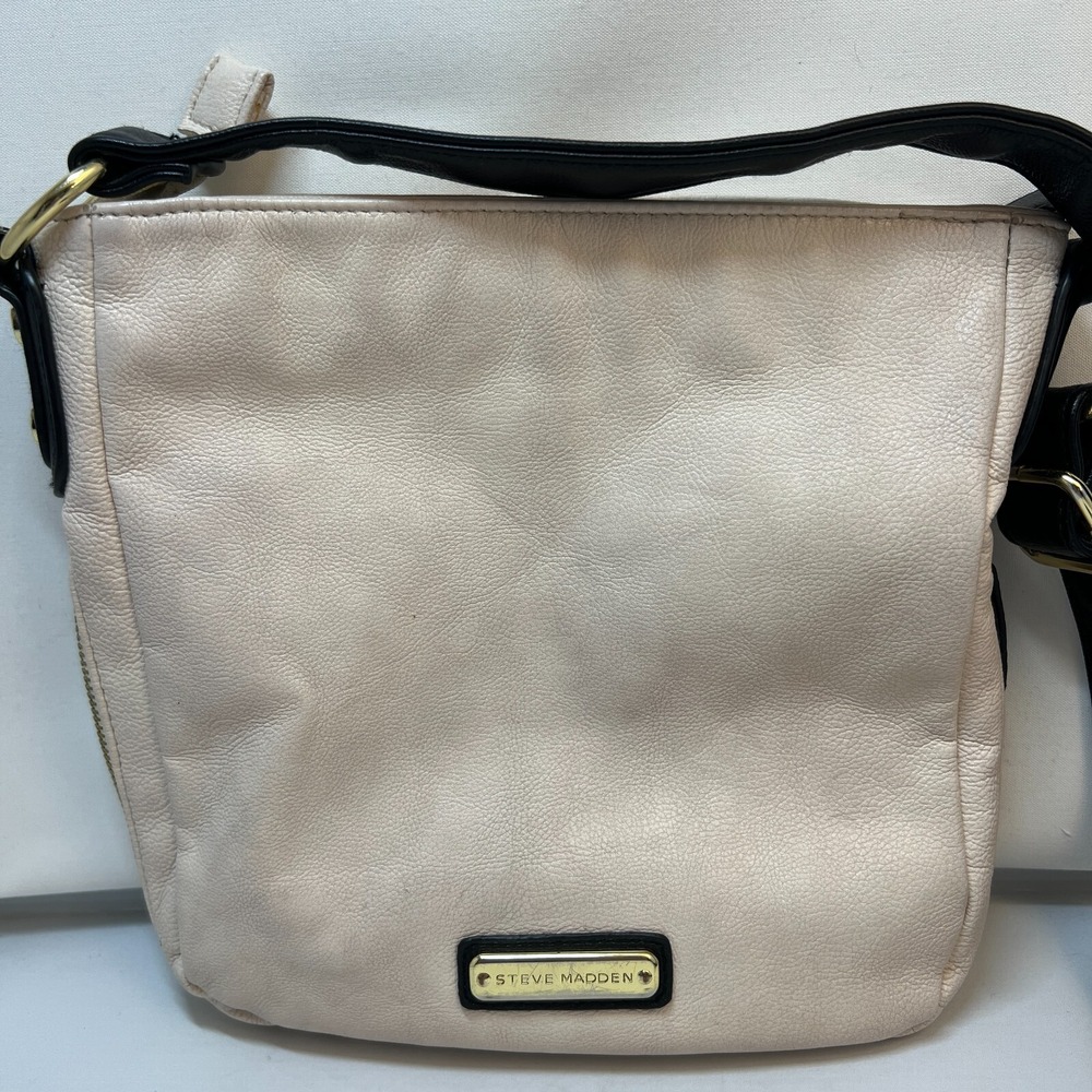 Steve Madden Crossbody Cream Black Faux Leather Handbag Purse‎ Zip Pockets - Picture 7 of 16